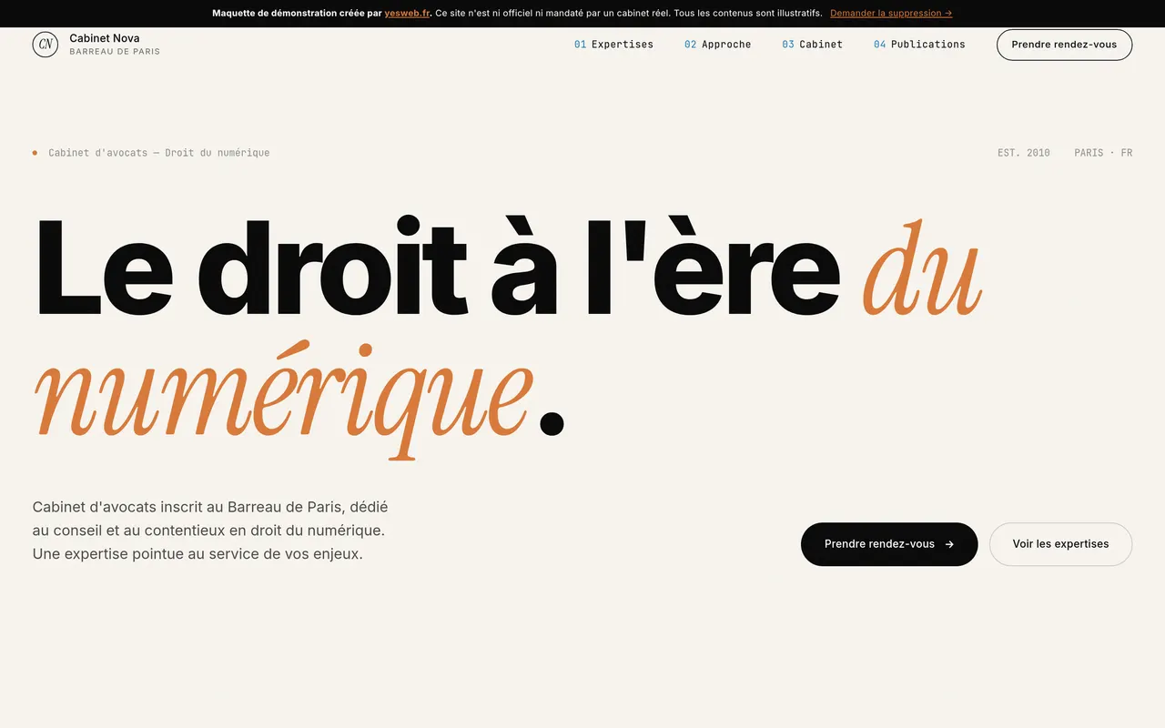 Exemple de site internet premium pour cabinet d'avocats en droit du numérique, design éditorial ocre, créé par yesweb