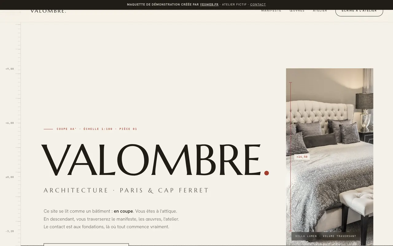 Exemple de site internet pour architecte, direction Valombre, créé par yesweb
